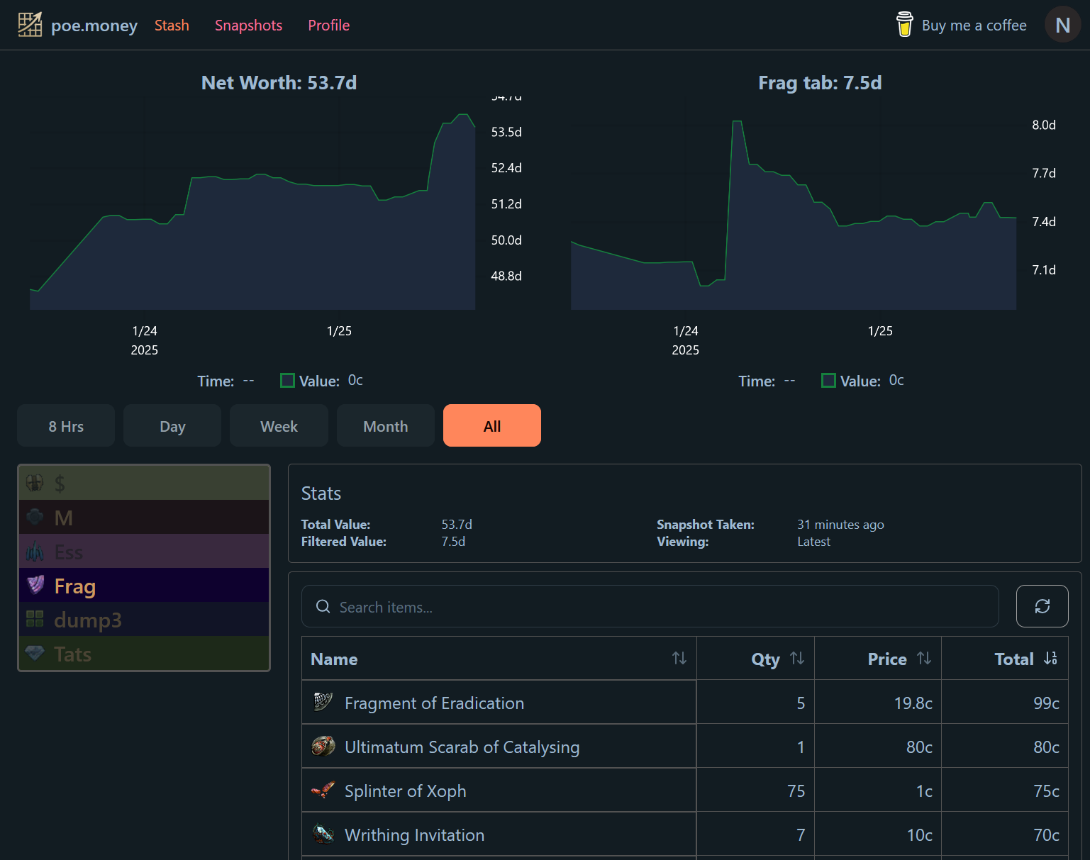 Screenshot of poe.money stash view